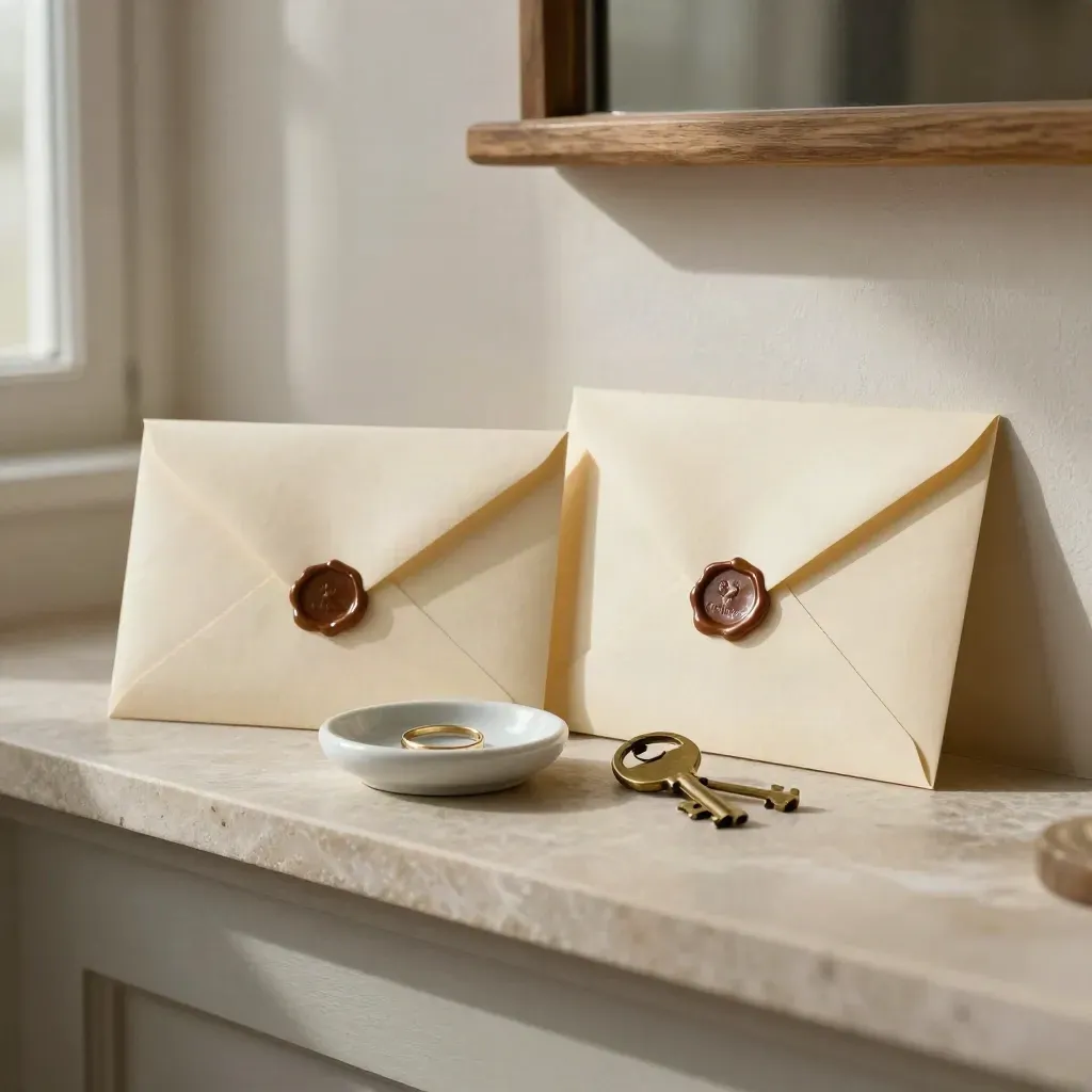 Two sealed will envelopes, ring dish and house key on pale limestone in a quiet study