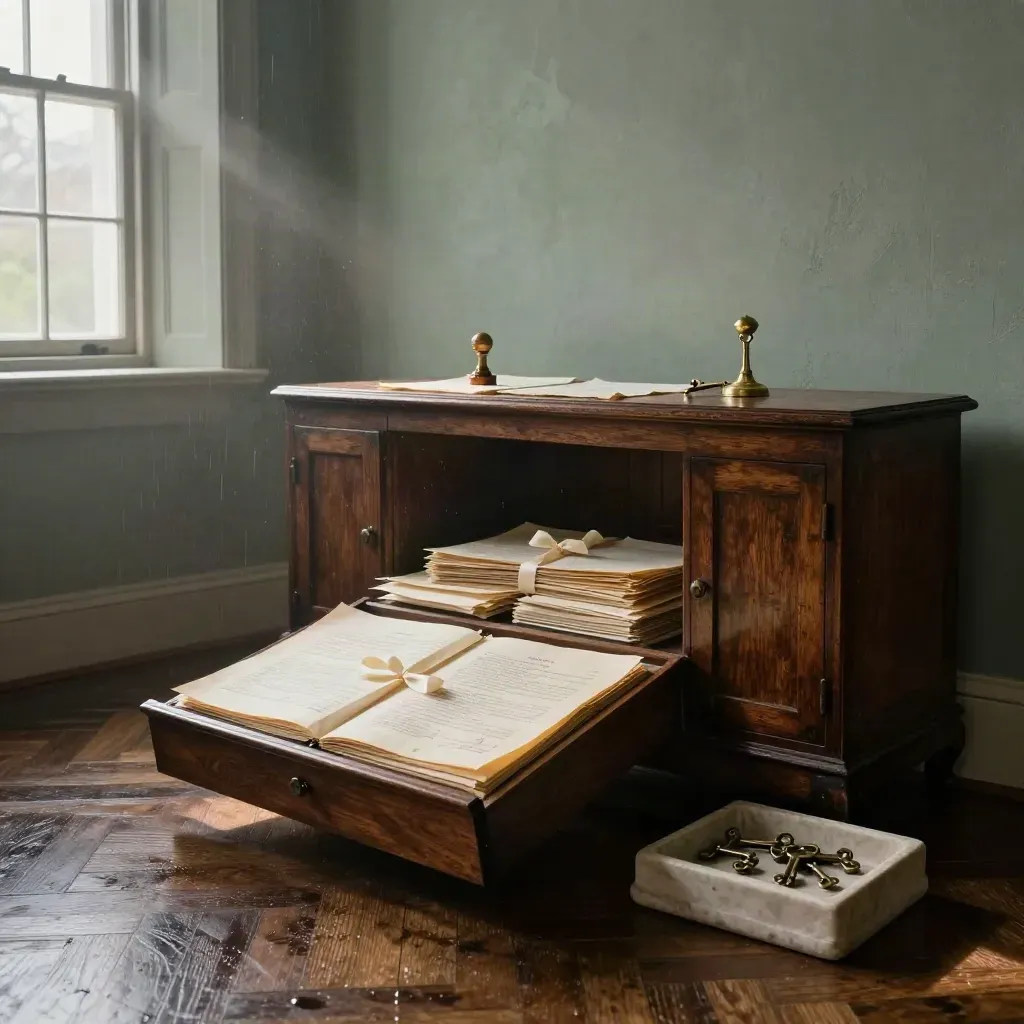 Cinematic Georgian probate study with oak sideboard, sealed folios, brass opener and keys in morning light.