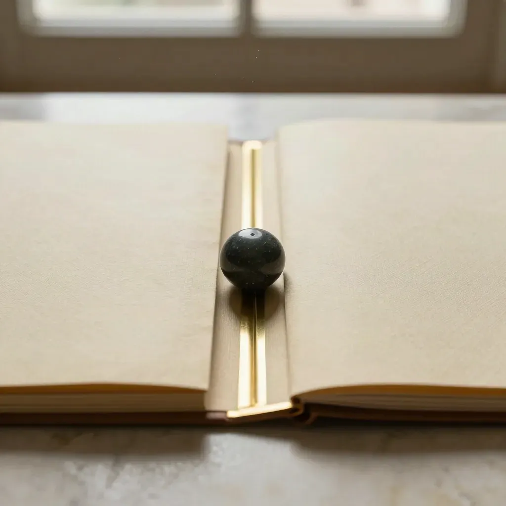 Sealed legal folders balanced by a brass divider and stone paperweight on pale stone.