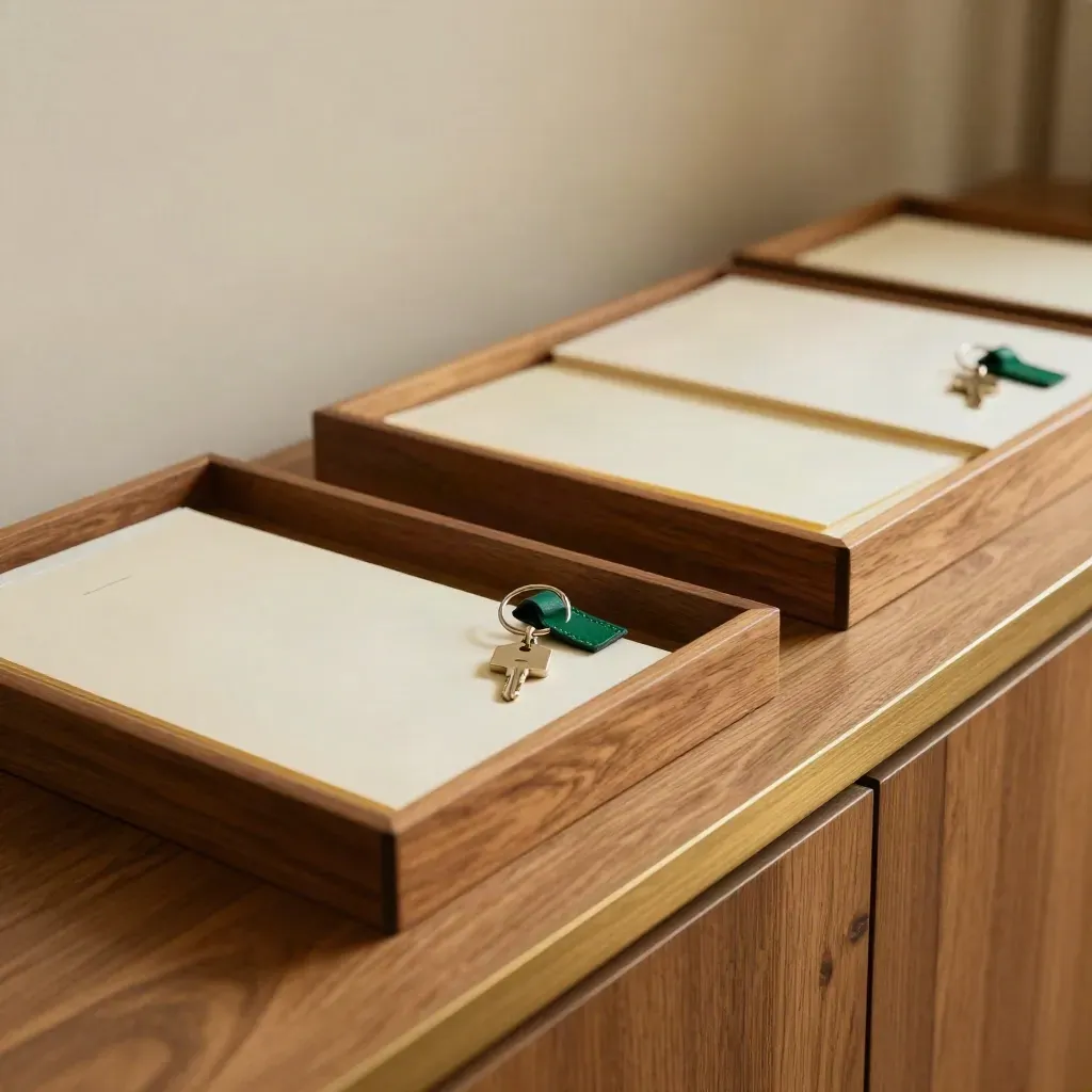 Estate administration trays, keys and document sleeves on a warm oak sideboard in soft daylight