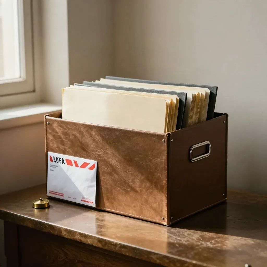 Probate file box with clips, envelope and brass seal on stone in warm afternoon light.