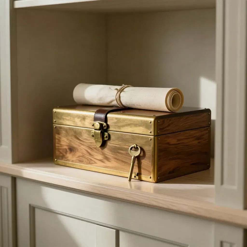 Locked deed box, tied document tube and brass key on a pale oak shelf in moody archival light.