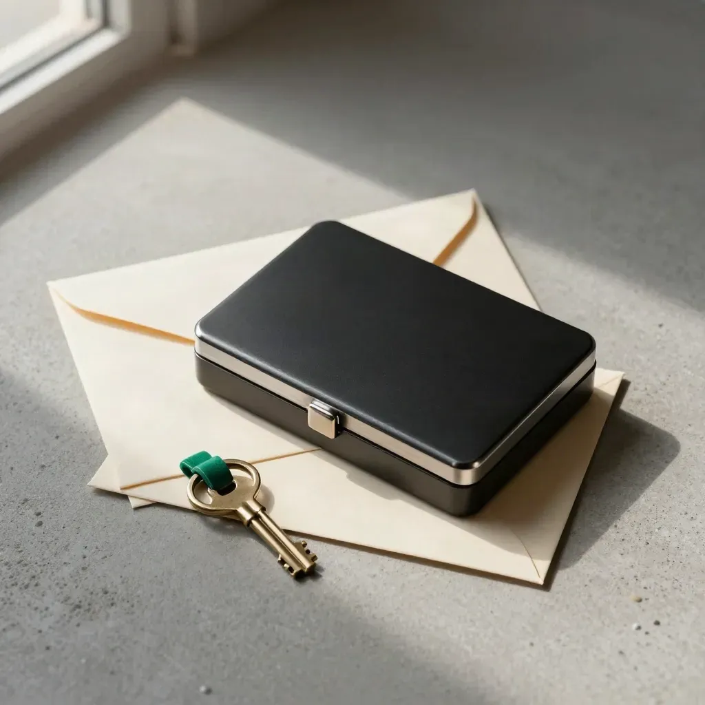 Top-down lockbox, sealed envelopes and keys on concrete with an emerald key fob.