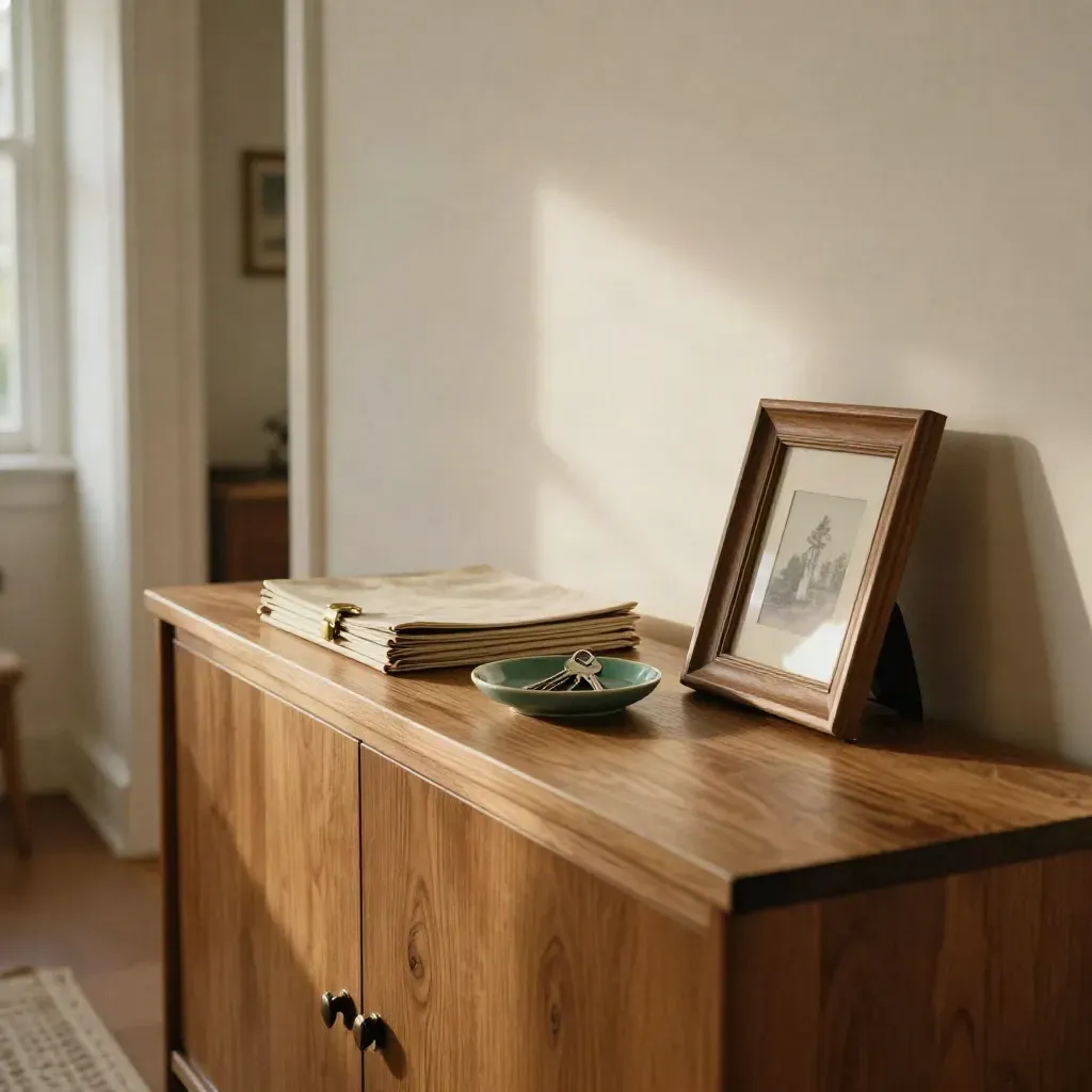 Hallway console with estate folio, matched keys and a turned frame in warm late-afternoon light.