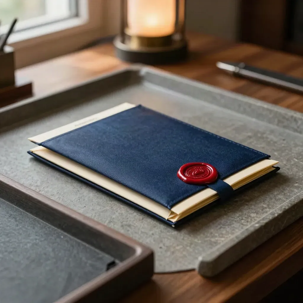 Sealed probate packet beside an empty in-tray on a stone desk, warm office light.