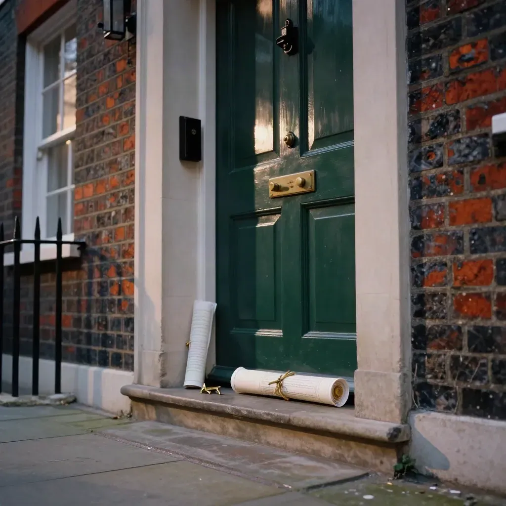 Terraced-house doorway with lockbox, keys, and a deed tube on the sill in evening haze.