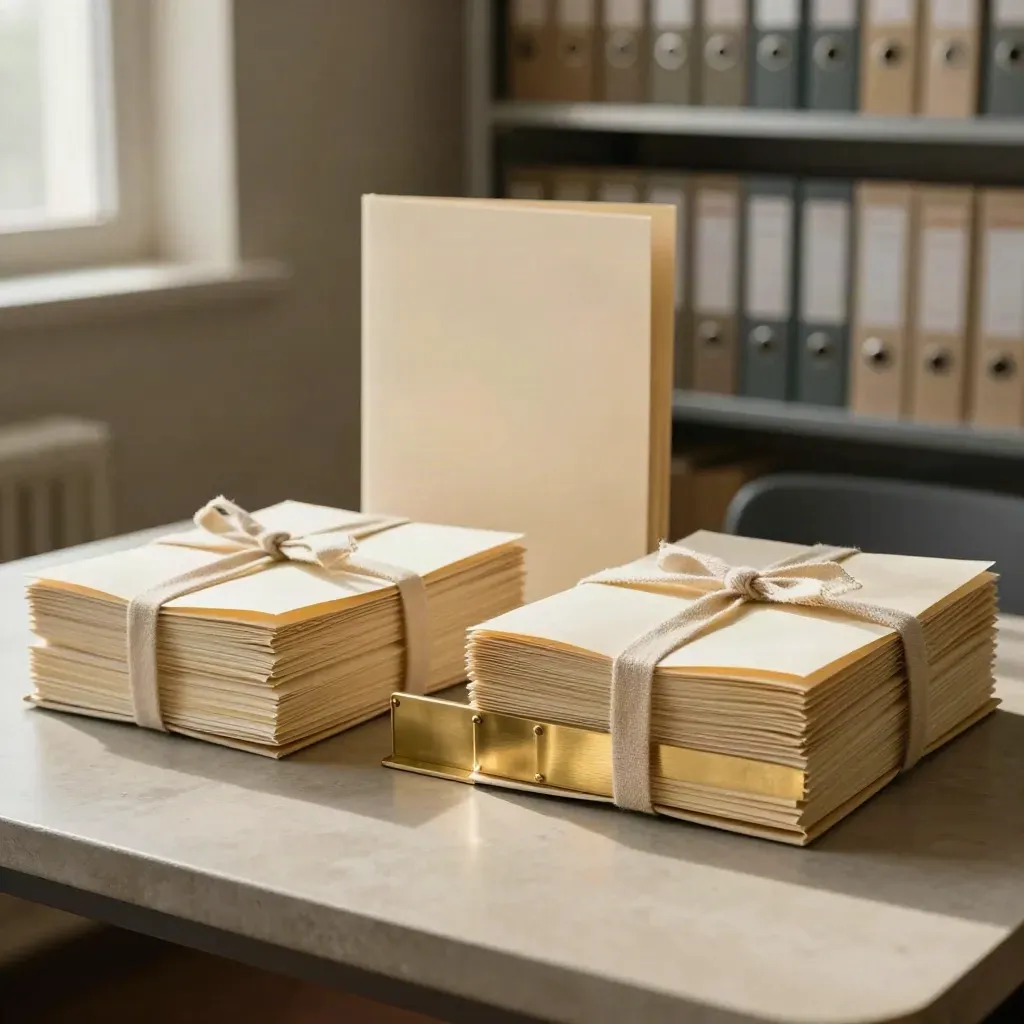 Two archive bundles with brass weight and a closed settlement folder on a pale stone table.