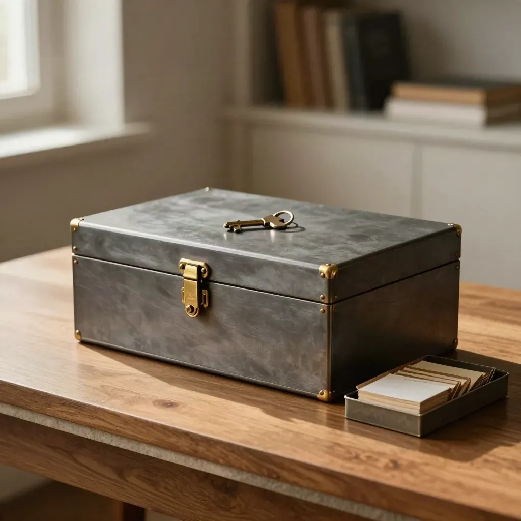 Closed estate archive box with keys on a cleared desk in dramatic light
