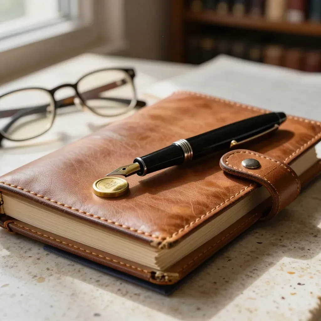 Macro still life of a leather folio, seal case, pen and spectacles on travertine.