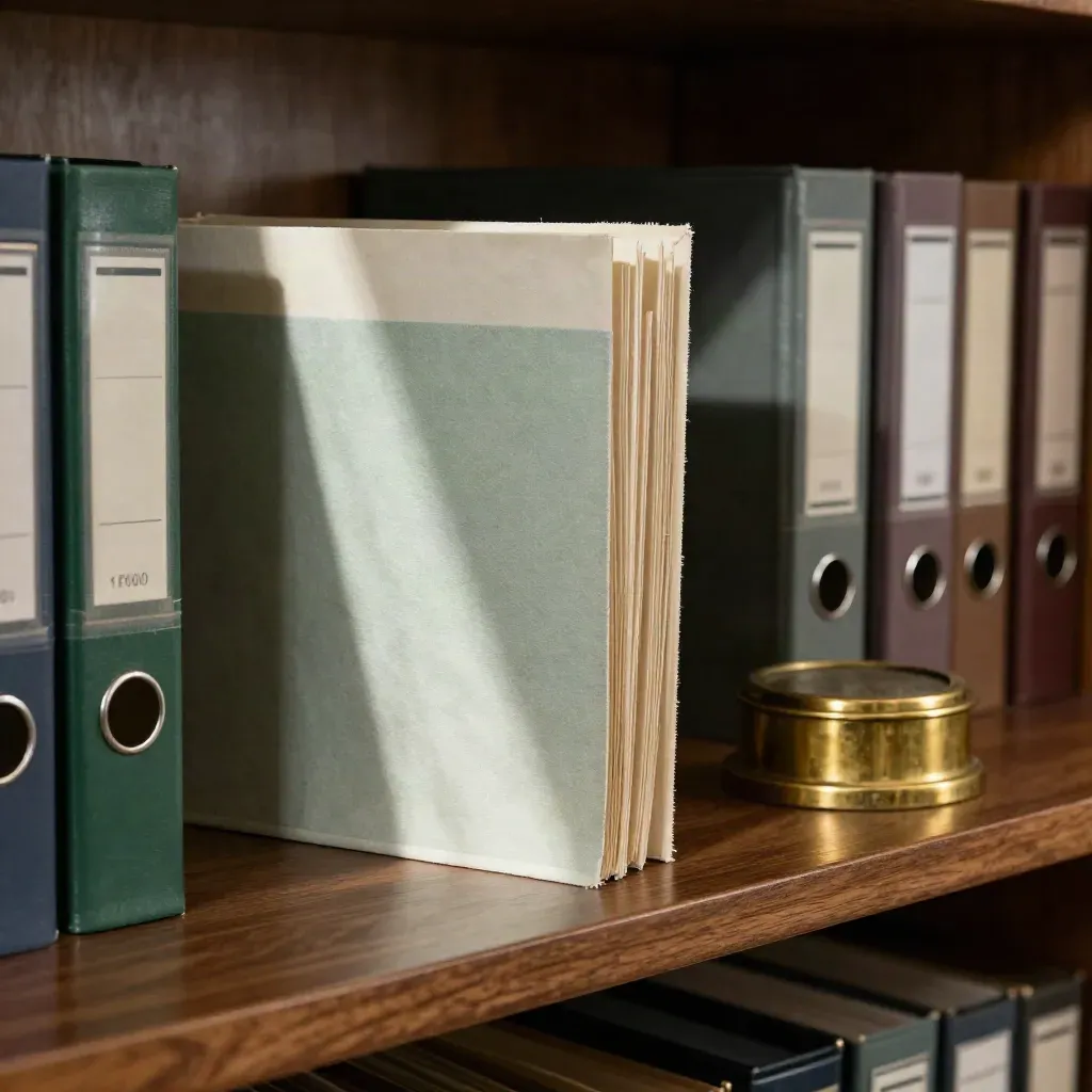 Archive sleeves, stamped file blocks and a brass paperweight on a walnut probate shelf.