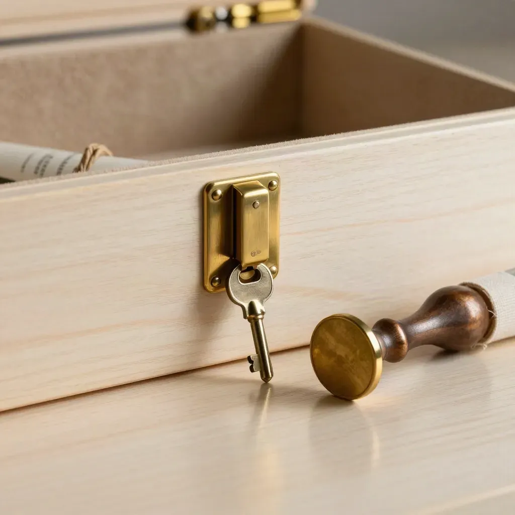 Locked deed box with house key, document tube and bronze seal on pale oak.