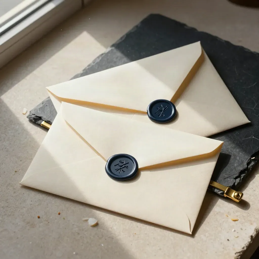 Cream wax-sealed envelopes, brass divider and cracked slate paperweight on pale stone in soft daylight.