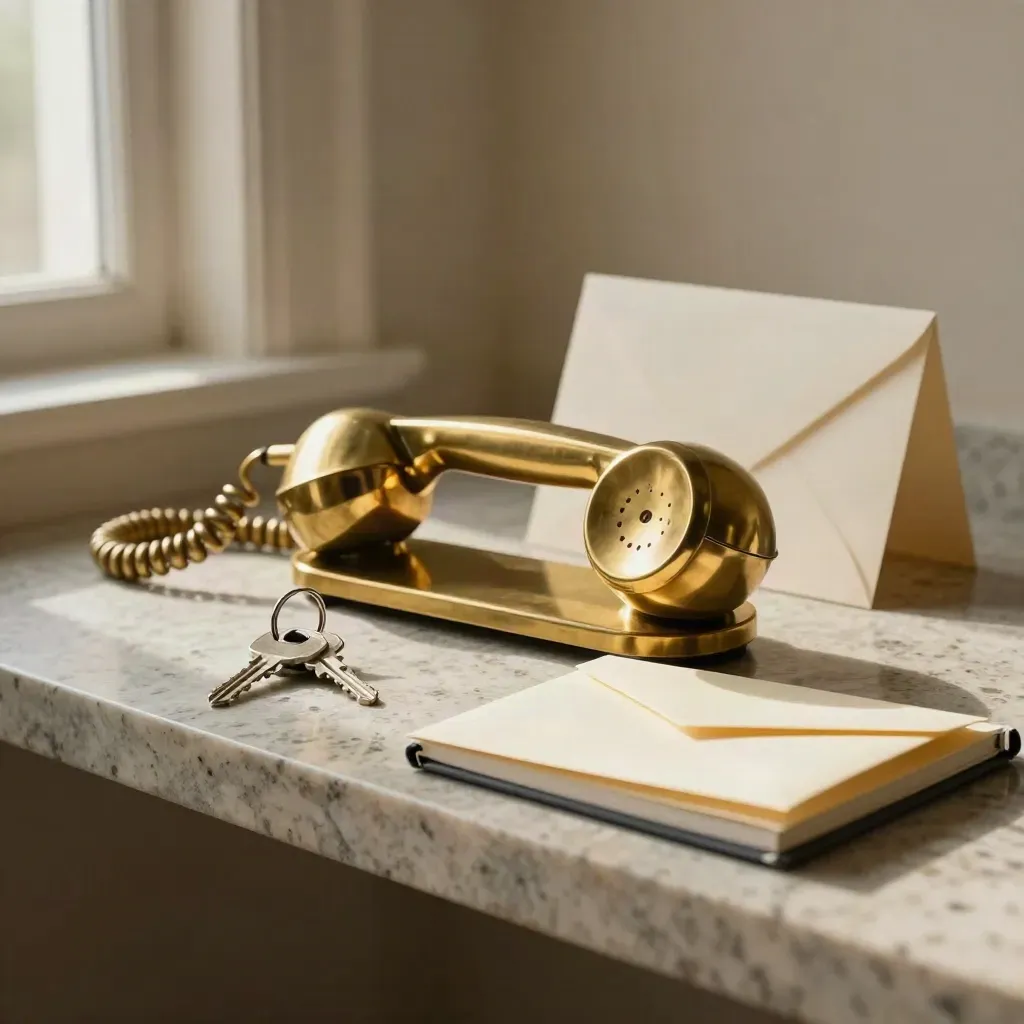 Brass handset, keys, notebook and envelope on travertine shelf under soft side light.