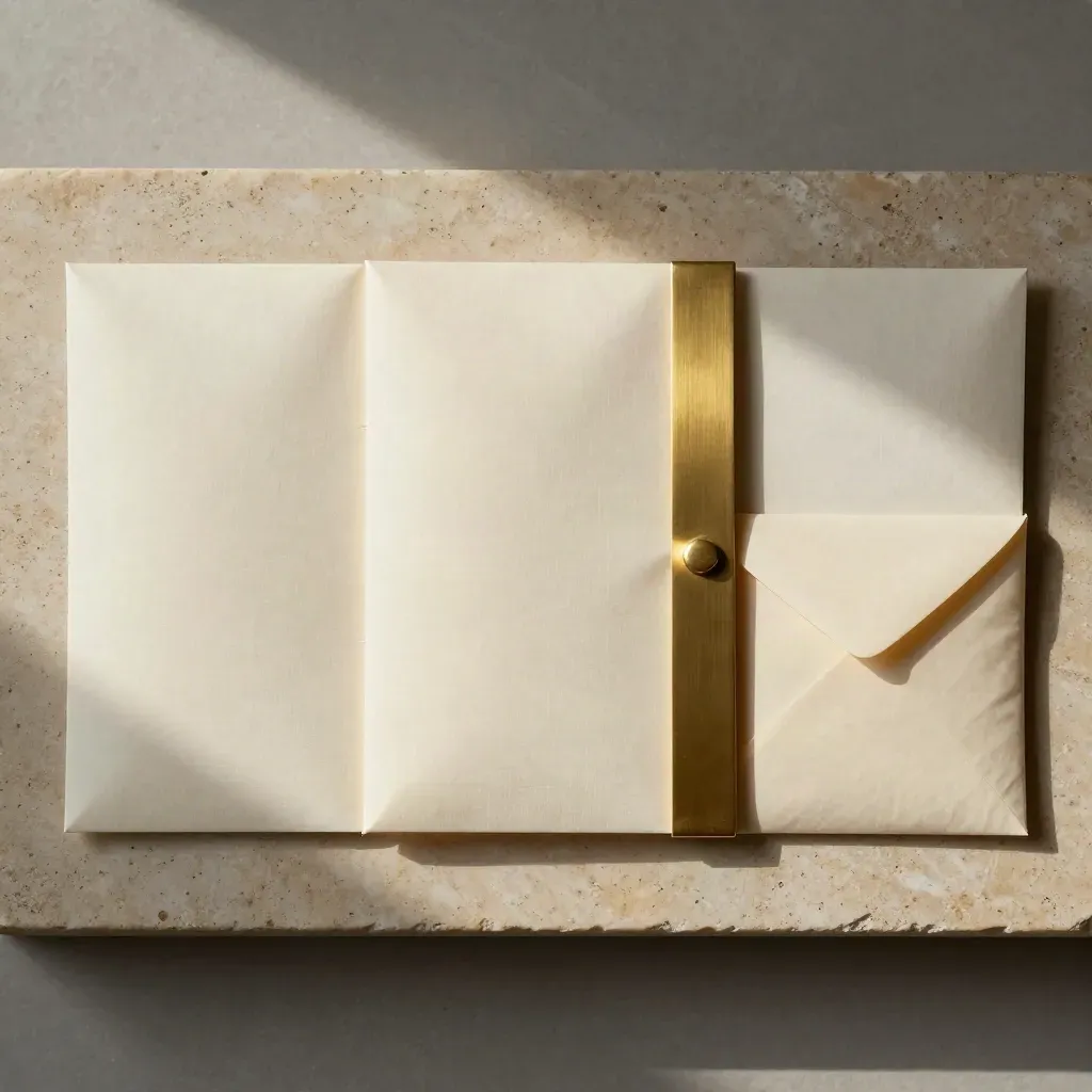 Top-down legal flatlay with ivory packets, ribbon folder, and brass divider on warm stone.