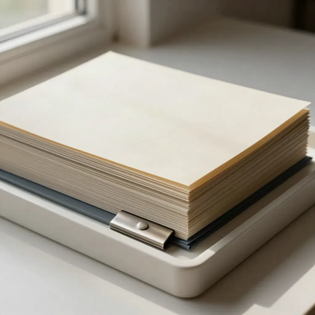 Opaque file sleeves, metal clip and desk weight in a plaster tray on a pale surface.