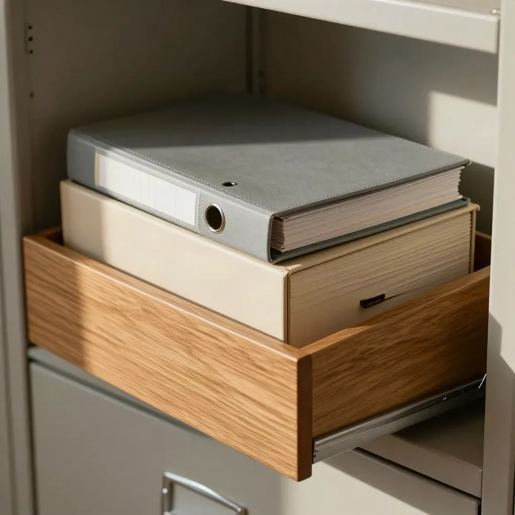 Archive box, binder and file tabs sliding into a filing drawer in soft light.