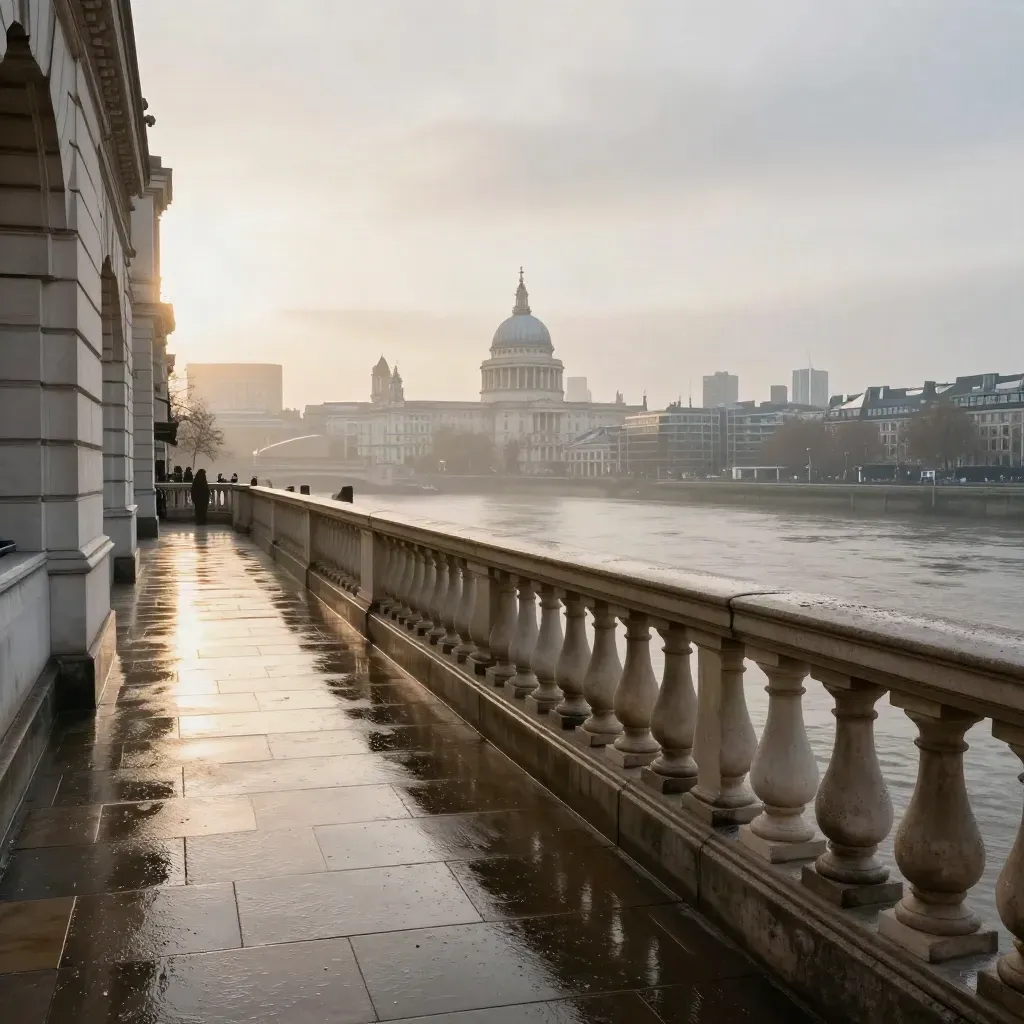 Sunrise Thames skyline with a distant dome above misty water and a wet stone terrace