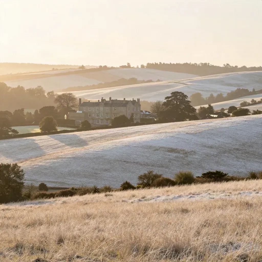 Golden Surrey downs with a manor roofline, trees and mist above calm grassland