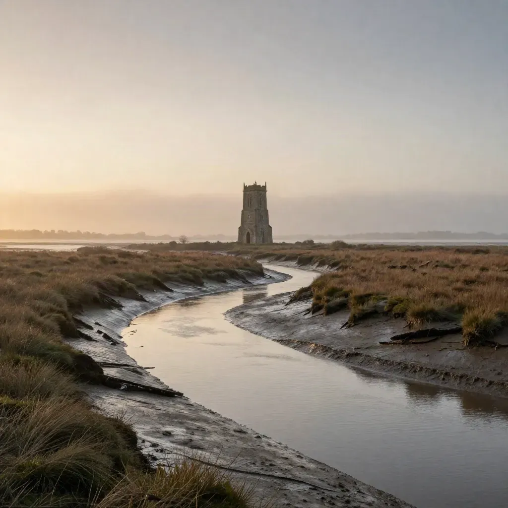 Essex marshes with a lone church tower above tidal channels in amber evening mist.