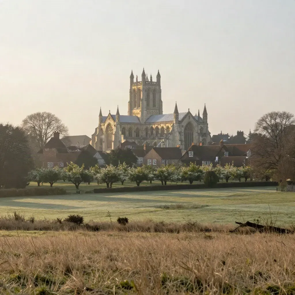 Cathedral towers above Kent orchards and misty fields at golden hour